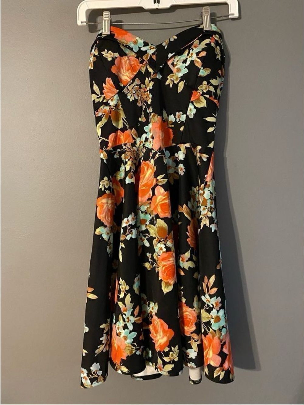 Strapless Black Floral A-Line Dress - Orange Bloom